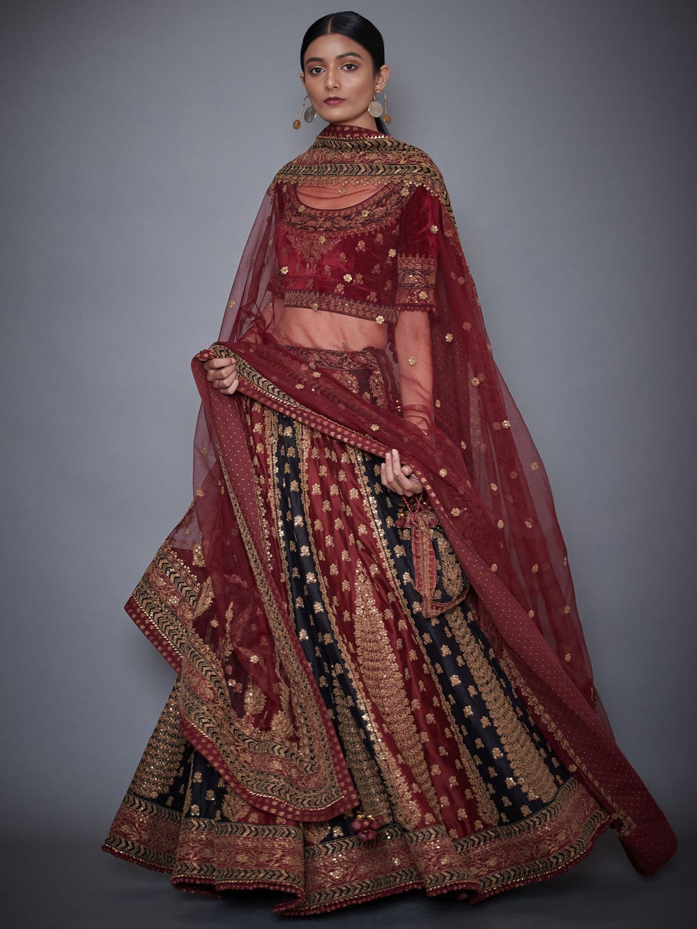 Image Title RI-Ritu-Kumar-Black-And-Burgundy-Embroidered-Lehenga-Set-Front-View