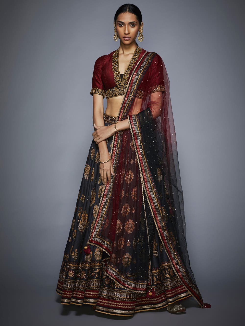 Image Title RI-Ritu-Kumar-Black-And-Burgundy-Floral-Lehenga-Set-Complete-View