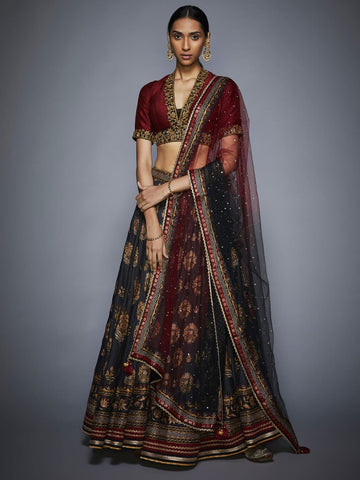 Image Title RI-Ritu-Kumar-Black-And-Burgundy-Floral-Lehenga-Set-Complete-View
