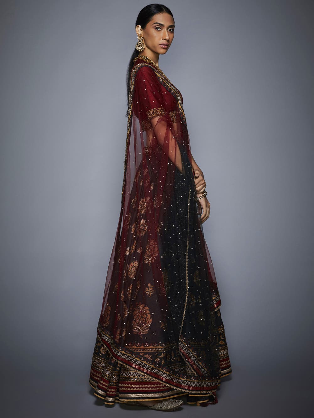 Image Title RI-Ritu-Kumar-Black-And-Burgundy-Floral-Lehenga-Set-Side-View2