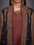RI-Ritu-Kumar-Black-And-Burgundy-Tiered-Dress-With-Jacket-CloseUp