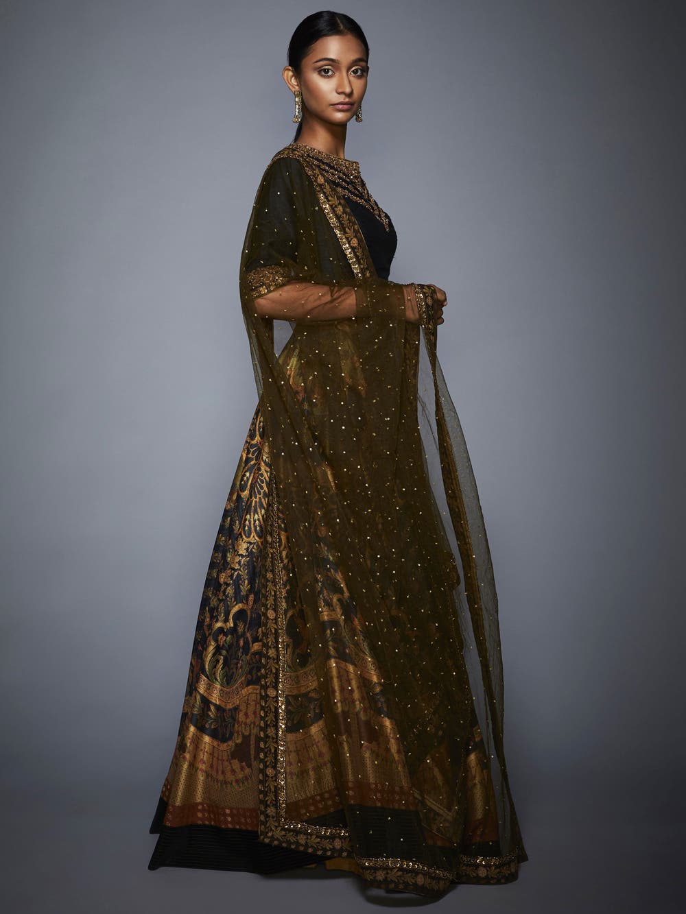 Image Title RI-Ritu-Kumar-Black-And-Olive-Green-Zardozi-Lehenga-Set-Side-View2
