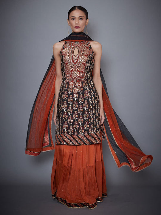 RI-Ritu-Kumar-Black-And-Rust-Embroidered-Kurti-With-Dupatta-And-Skirt-Front-View