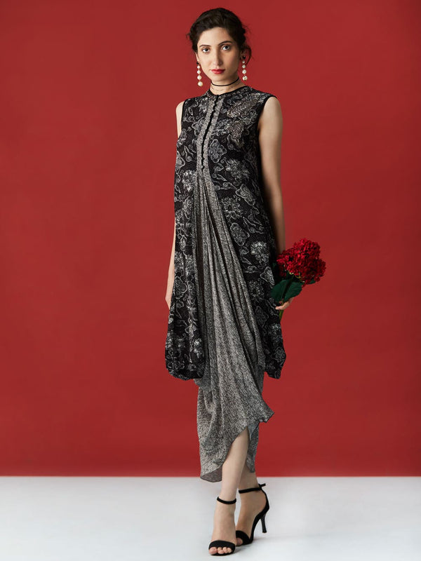 RI Ritu Kumar Black & Ecru Printed Cowl Dress