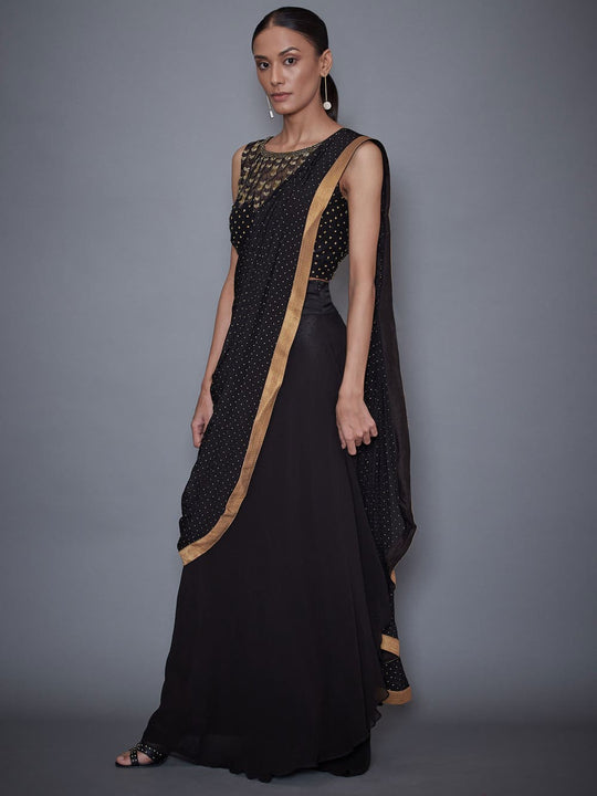 RI-Ritu-Kumar-Black-Embroidered-Pre-Draped-Saree-With-Stitched-Blouse-Side-View1