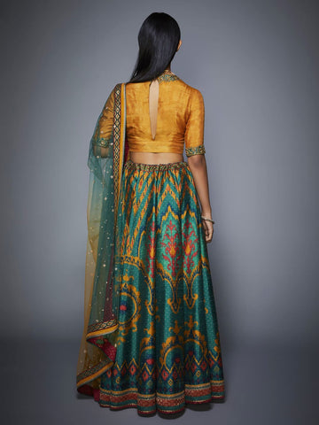 Image Title RI-Ritu-Kumar-Bottle-Green-And-Mustard-Ikat-Lehenga-Set-Back