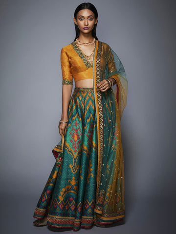 Image Title RI-Ritu-Kumar-Bottle-Green-And-Mustard-Ikat-Lehenga-Set-Front-View