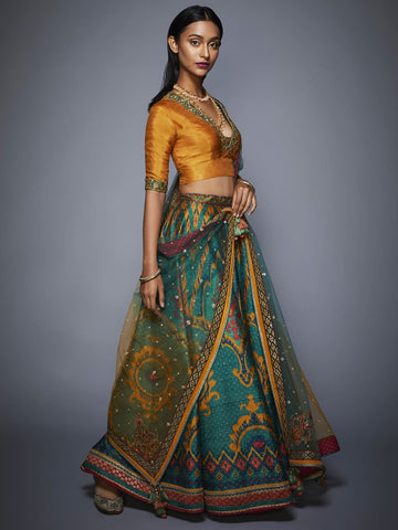 Image Title RI-Ritu-Kumar-Bottle-Green-And-Mustard-Ikat-Lehenga-Set-Side-View1