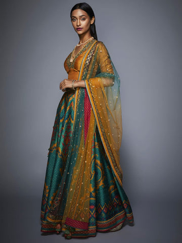 Image Title RI-Ritu-Kumar-Bottle-Green-And-Mustard-Ikat-Lehenga-Set-Side-View2