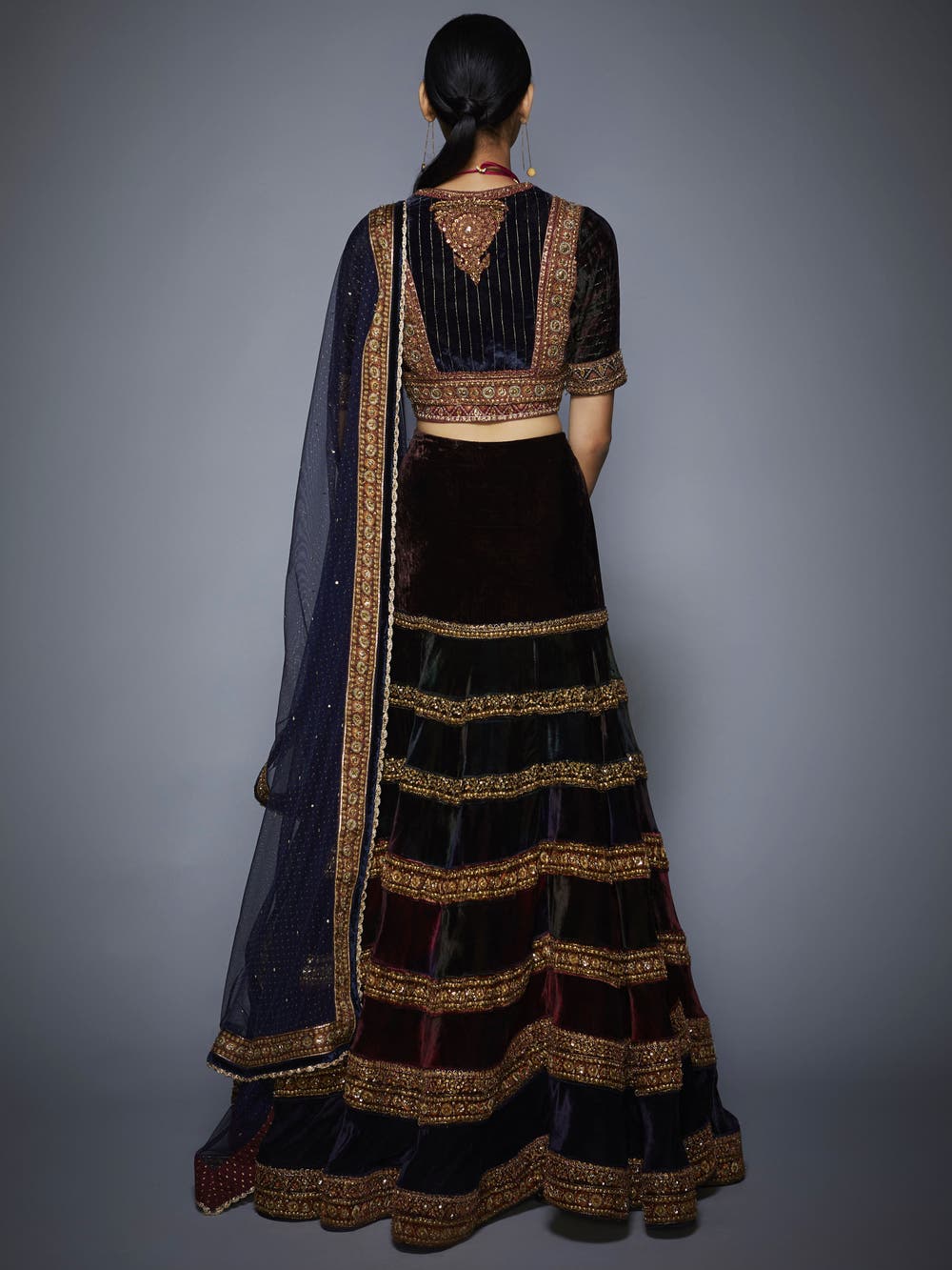 Image Title RI-Ritu-Kumar-Burgundy-And-Navy-Velvet-Lehenga-Set-Back