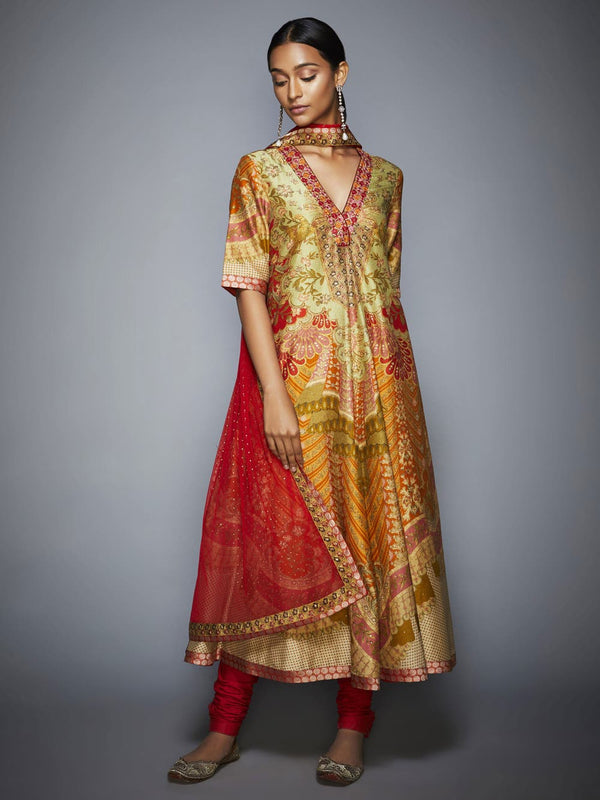 RI Ritu Kumar Coral and Khaki Floral Printed Anarkali Suit