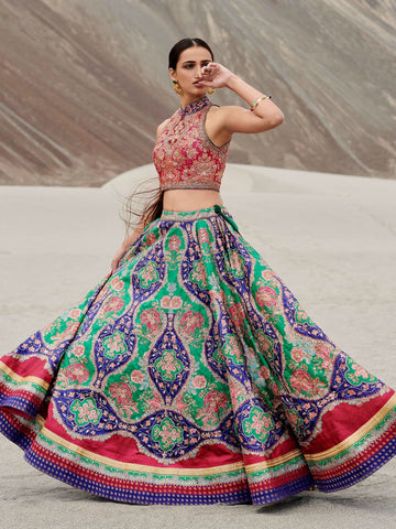 Image Title RI-Ritu-Kumar-Emerald-And-Purple-Embroidered-Lehenga-Set-Complete-View