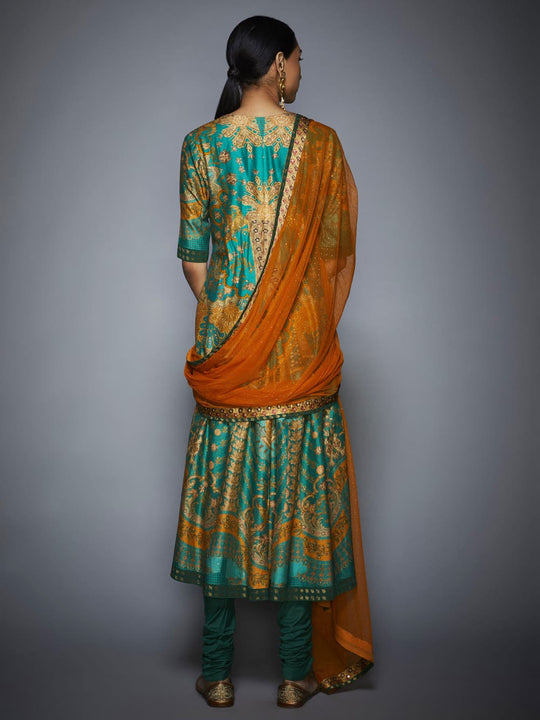 RI-Ritu-Kumar-Green-and-Mustard-Floral-Printed-Anarkali-Suit-Back