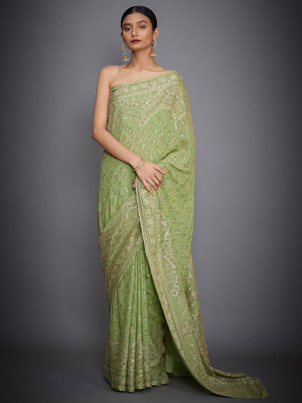 RI Ritu Kumar Lime Green Embroidered Silk Saree With Unstitched Blouse
