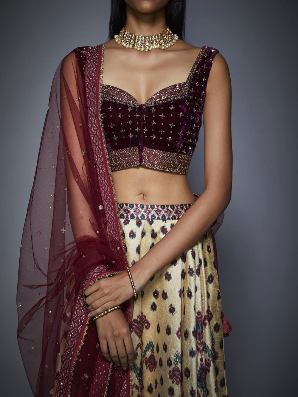 Image Title RI-Ritu-Kumar-Off-White-And-Prune-Ikat-Lehenga-Set-CloseUp