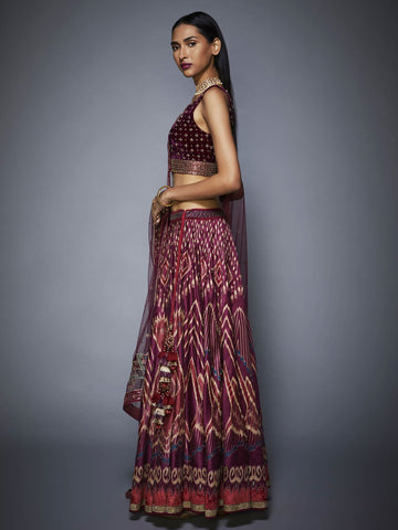 Image Title RI-Ritu-Kumar-Prune-And-Pink-Ikat-Lehenga-Set-Side-View1