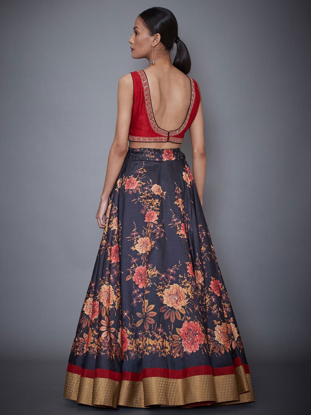 Image Title RI-Ritu-Kumar-Red-And-Black-Floral-Print-Lehenga-Set-Back