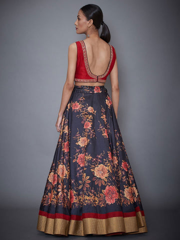 Image Title RI-Ritu-Kumar-Red-And-Black-Floral-Print-Lehenga-Set-Back