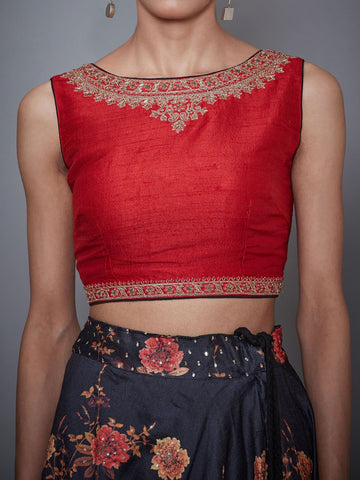 Image Title RI-Ritu-Kumar-Red-And-Black-Floral-Print-Lehenga-Set-CloseUp