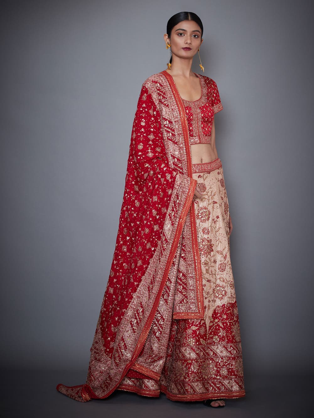 Image Title RI-Ritu-Kumar-Red-And-Off-White-Embroidered-Lehenga-With-Dupatta-Side-View2