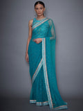 RI-Ritu-Kumar-Turquoise-Net-Saree-With-Embroidered-Stitched-Blouse-Complete-View