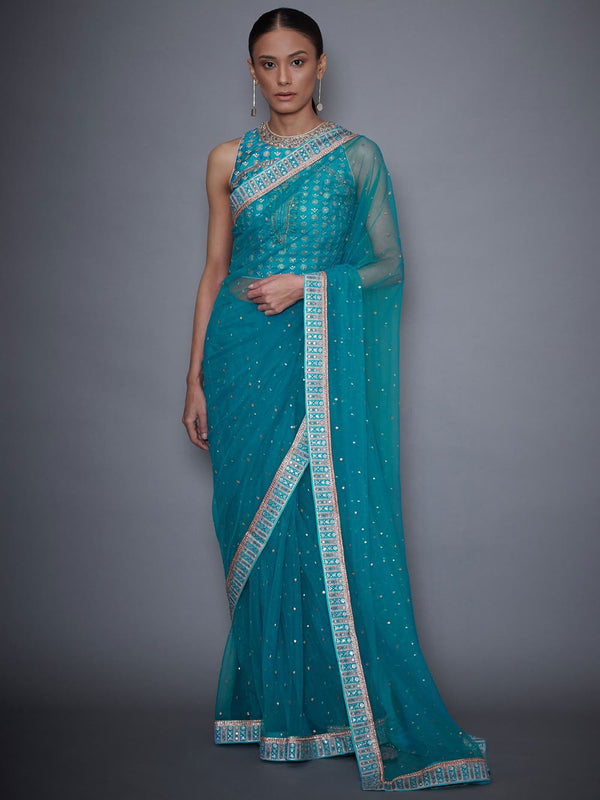 RI Ritu Kumar Turquoise Net Saree With Embroidered Stitched Blouse