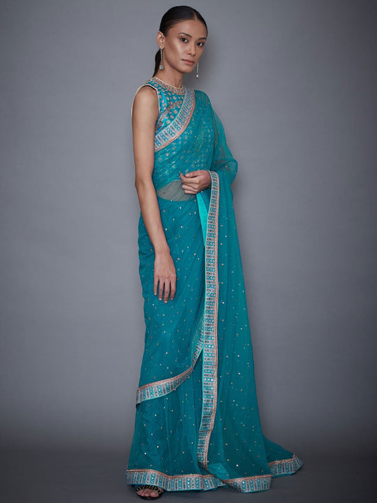RI-Ritu-Kumar-Turquoise-Net-Saree-With-Embroidered-Stitched-Blouse-Side-View2