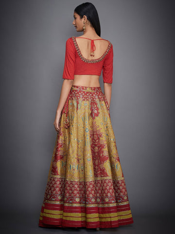 Image Title RI-Ritu-Kumar-Yellow-And-Red-Embroidered-Blouse-With-Skirt-And-Sash-Back