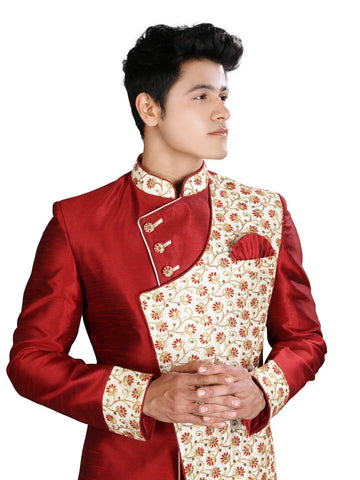 Image Title Royal Look Maroon Traditional Indian Wedding Indo-Western Sherwani for Men -RK1196