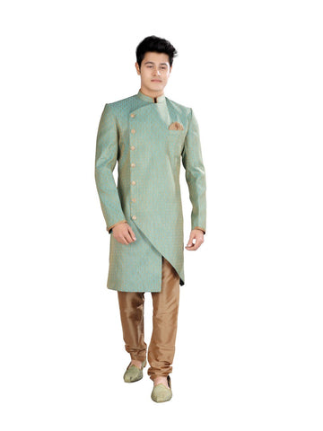 Image Title Asymmetrical Firozi Silk Indian Wedding Indo-Western Sherwani for Men -RK1202