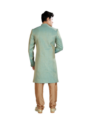 Image Title Asymmetrical Firozi Silk Indian Wedding Indo-Western Sherwani for Men -RK1202