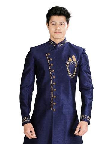 Image Title Elegant Navy Blue Indian Wedding Indo-Western Sherwani for Men -RK1206