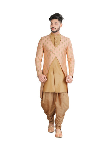 Image Title Designer Peach And Gold Color Indian Wedding Indo-Western Sherwani for Men -RK1207