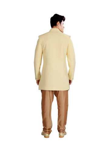 Image Title Asymmetrical Lemon Indian Wedding Indo-Western Sherwani for Men -RK1208