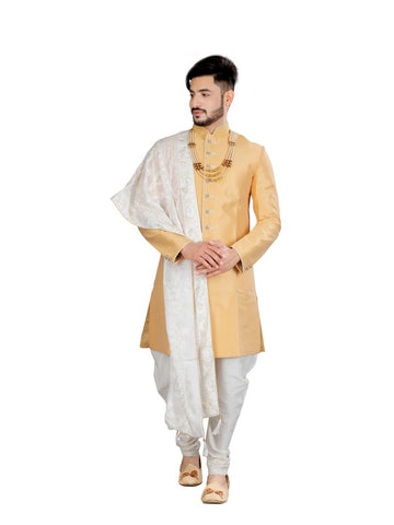Image Title Elegant Gold Silk Indian Wedding Indo-Western Sherwani for Men -RK1212