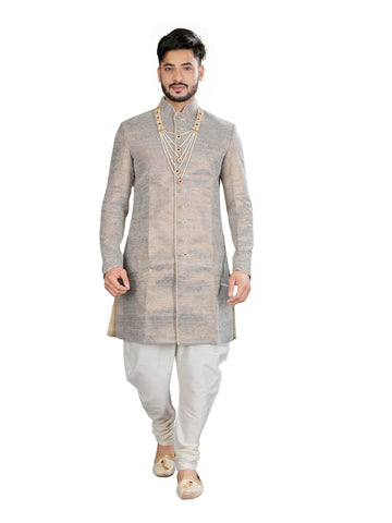Image Title Ash Color Velvet Brocade Indian Wedding Indo-Western Sherwani for Men -RK1213