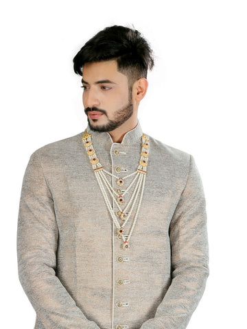 Image Title Ash Color Velvet Brocade Indian Wedding Indo-Western Sherwani for Men -RK1213