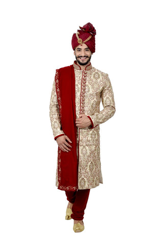 Image Title Maharaja Cream And Maroon Indian Wedding Sherwani For Men - RK2063