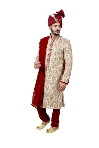 Image Title Maharaja Cream And Maroon Indian Wedding Sherwani For Men - RK2063