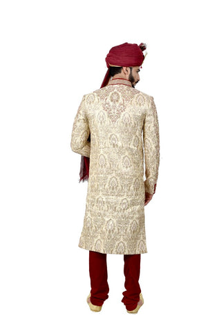 Image Title Maharaja Cream And Maroon Indian Wedding Sherwani For Men - RK2063