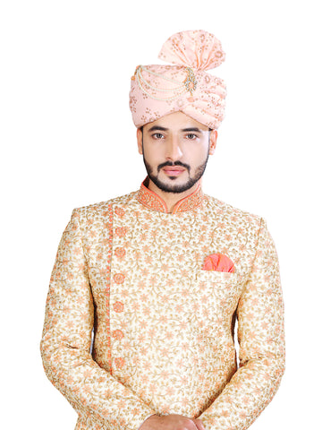 Image Title Chic Gold and Peach  Silk Indian Wedding Sherwani For Men