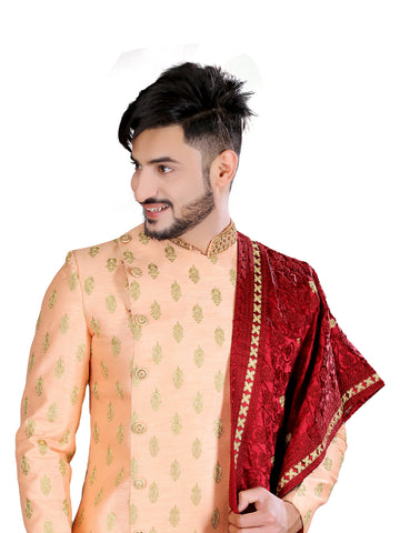 Image Title Lively Peach Asymmetrical Indian Wedding Sherwani For Men