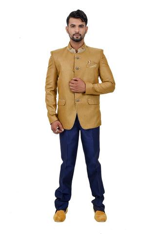 Image Title Royal Gold And Blue Wedding Color Jodhpuri Printed Indian Suit Set For Men - RK3069SNT
