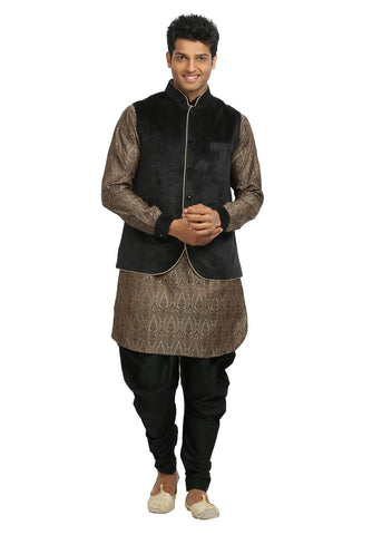 Image Title Men's Sandstone & Black Wedding Kurta Pajama with Jacket Size 40 (Rent)