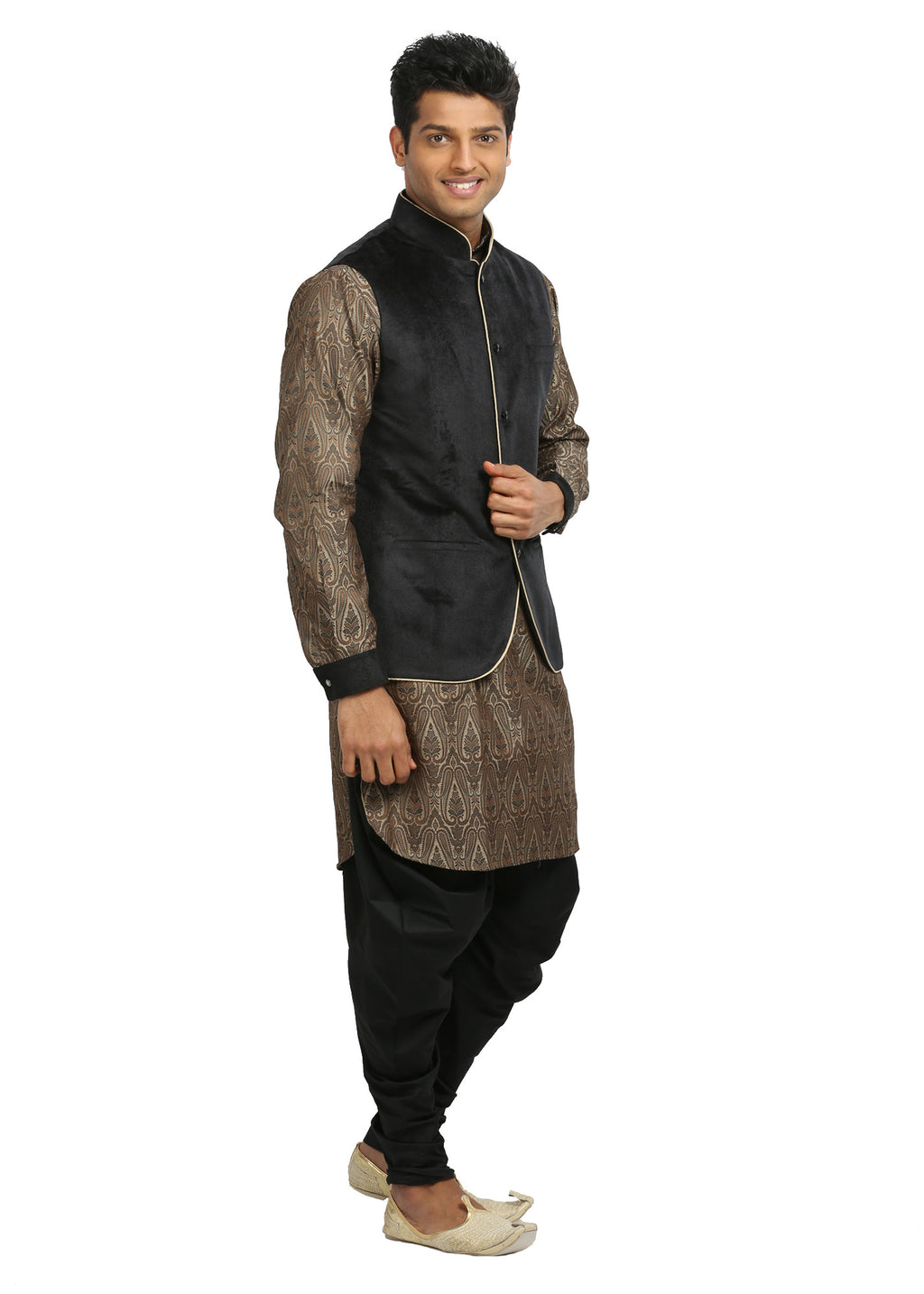 Image Title Men's Sandstone & Black Wedding Kurta Pajama with Jacket Size 40 (Rent)