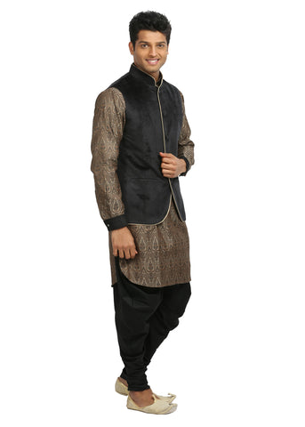 Image Title Men's Sandstone & Black Wedding Kurta Pajama with Jacket Size 40 (Rent)