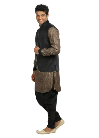 Image Title Men's Sandstone & Black Wedding Kurta Pajama with Jacket Size 40 (Rent)