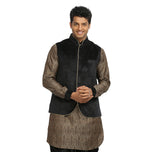 Image Title Men's Sandstone & Black Wedding Kurta Pajama with Jacket Size 40 (Rent)