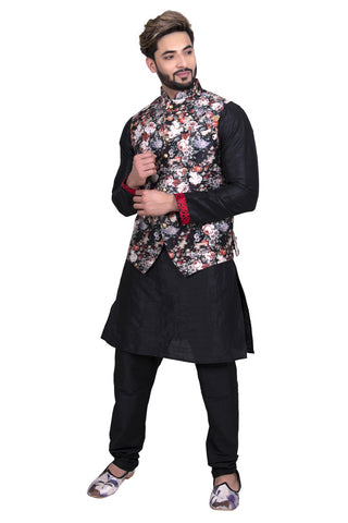 Image Title Stylish Black Silk Indian Kurta Set with Black Multi Floral Print Silk Jacket for Men