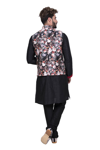 Image Title Stylish Black Silk Indian Kurta Set with Black Multi Floral Print Silk Jacket for Men